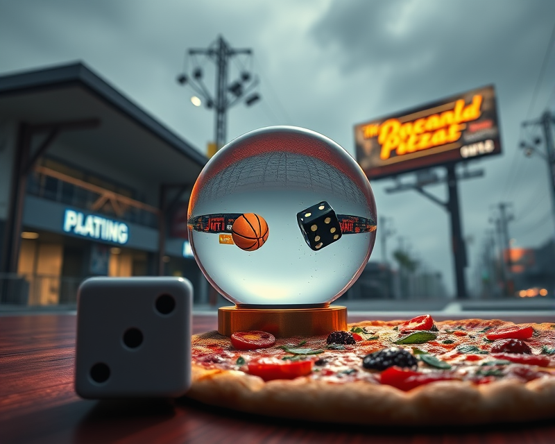 crystal ball, dice, basketball, pizza, billboard